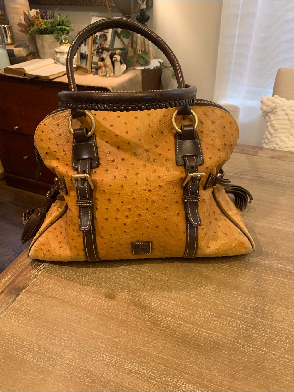 Dooney & Bourke Tan Ostrich-Texture Satchel with Dark Brown Trim